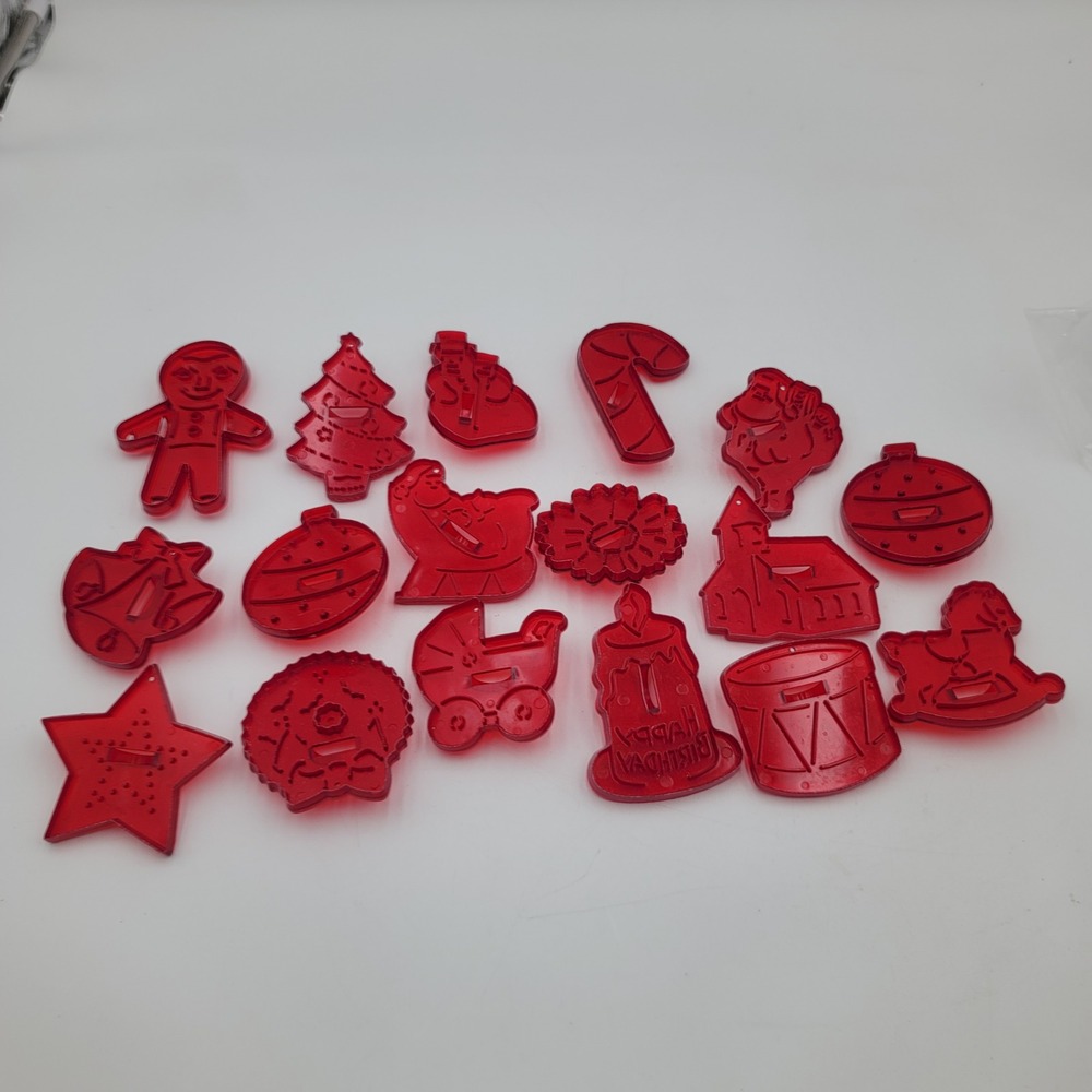 Vintage Red Plastic Christmas Cookie Cutters Set of 17 Holiday Shapes Santa Star
